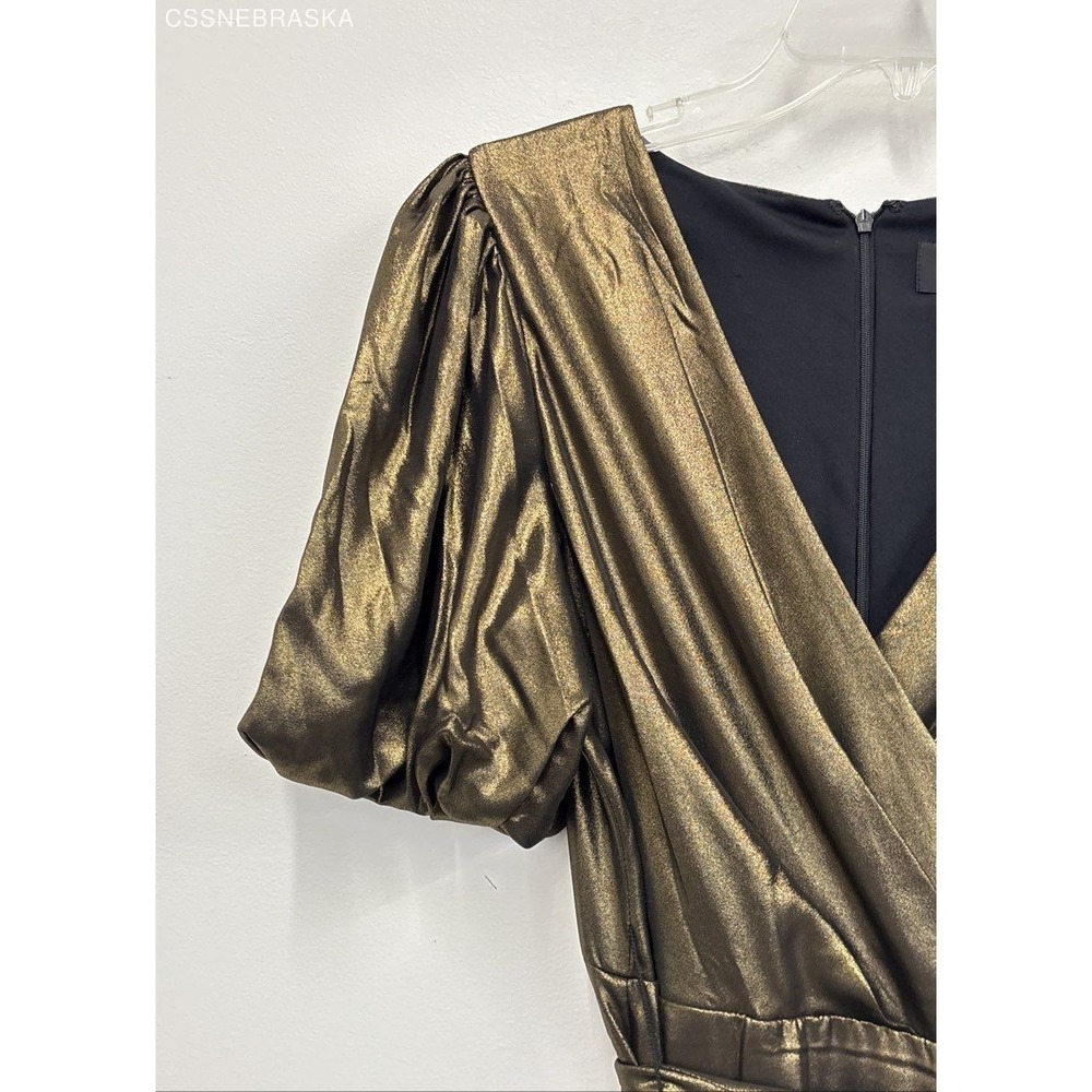 DKNY Gold/Brown NWT DKNY Women's Foil Chiffon Ruffle Skirt V-Neck Dress -Size 12 - Picture 2 of 9